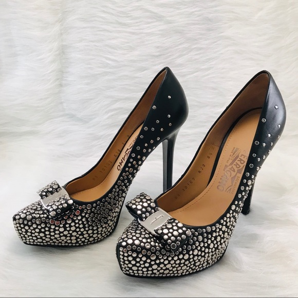 FERRAGAMO Black Silver Sina Louvre Studs Pumps - Picture 3 of 8